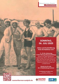 Ein Sepia-Foto zeigt 5 Frauen in historischer Badekleidung. In einem roten Kasten stehen die Informationen zur Kostümführung am 06. Juli 2025.